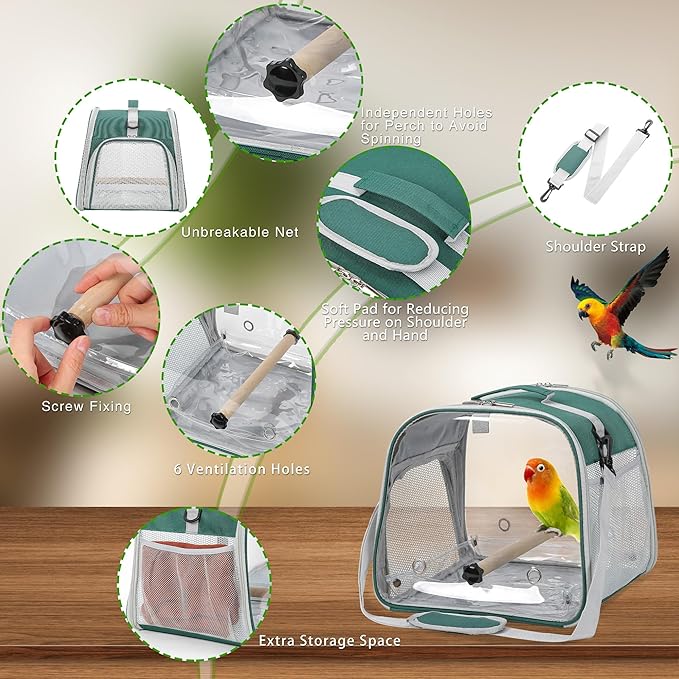 Small Bird Carrier, Large Window Travel Cage with Stand and Easy Clean Tray for Parrot Parakeet Cockatiels, Lightweight and Portable, Green