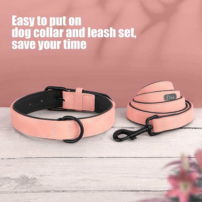 Didog Soft Padded Leather Dog Collar and Leash Set, Adjustable Pink and Breathable Pet Collars with 4FT PU Leather Dog Leash for Small Medium Large Dogs, Pink, L