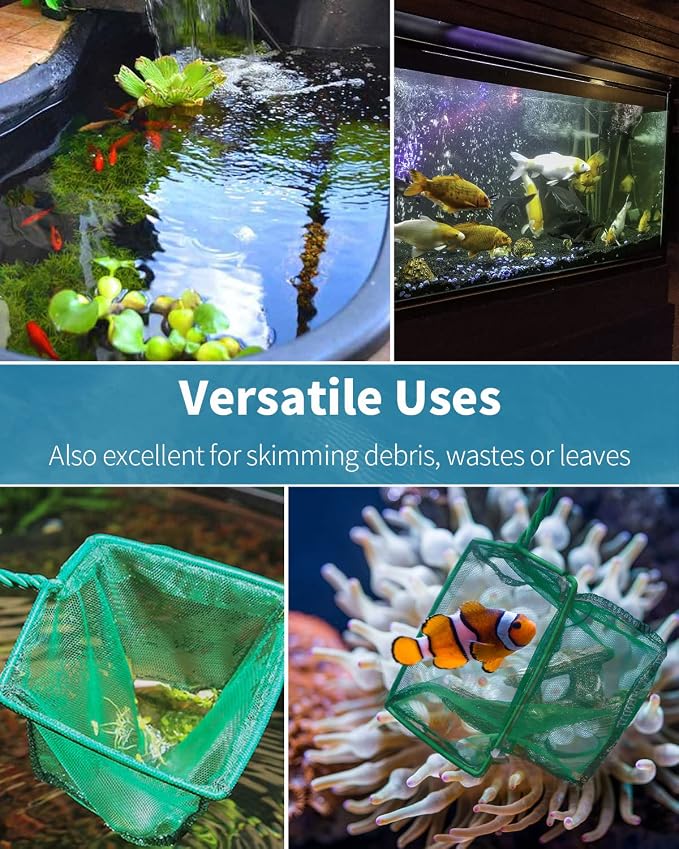 Pawfly Aquarium Fish Net with Braided Metal Handle Square Net with Soft Fine Mesh Sludge Food Residue Wastes Skimming Cleaning Net for Fish Tanks Small Koi Ponds and Pools
