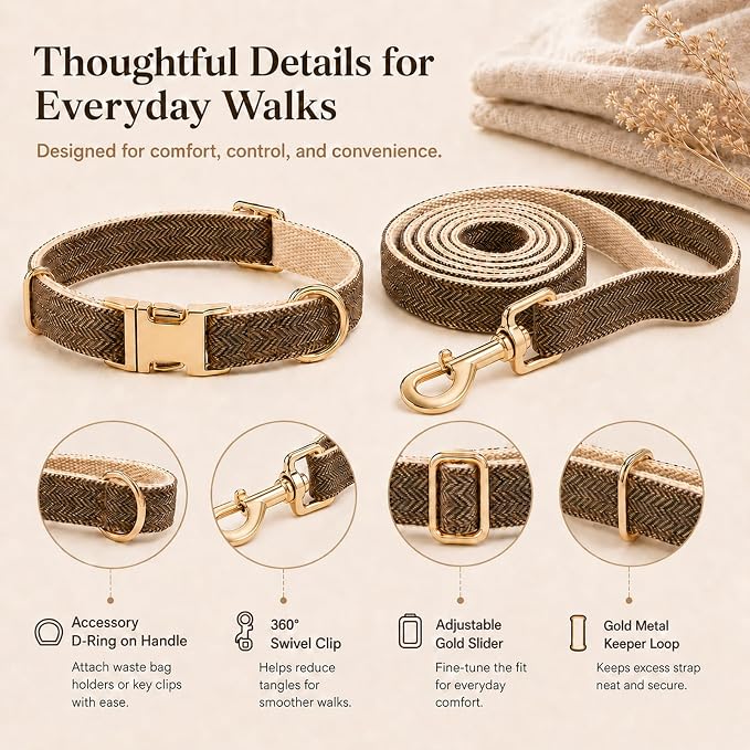 Herringbone Tweed Dog Collar and Leash Set for Large Dogs, Grey-Brown | Snag-free, no-rub design. Soft breathable cotton, gentle on fur. Adjustable durable matching combo for walks & outdoors.