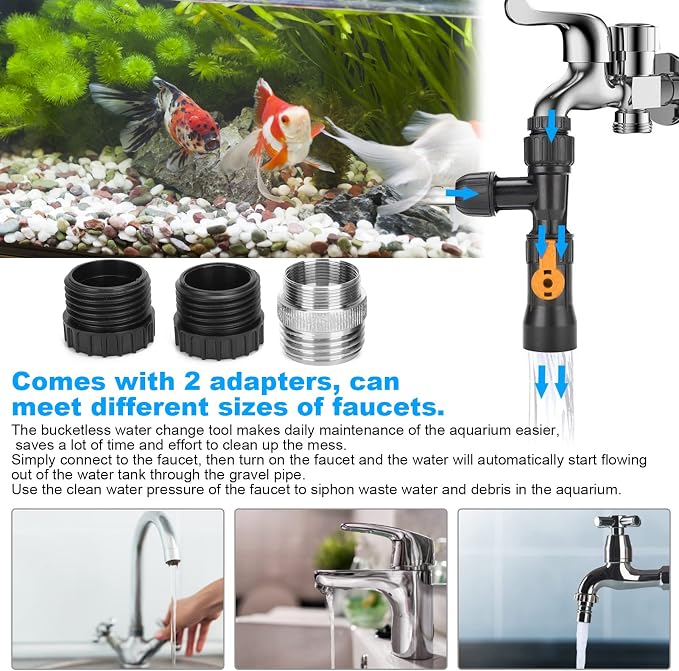 Aquarium Water Changer Kit, Fish Tank Cleaning Tools, Faucet Nozzles Connectors, Vacuum Siphon Gravel Cleaner Connector Replacement Parts with 2 Faucet Adapters for Fish Tank