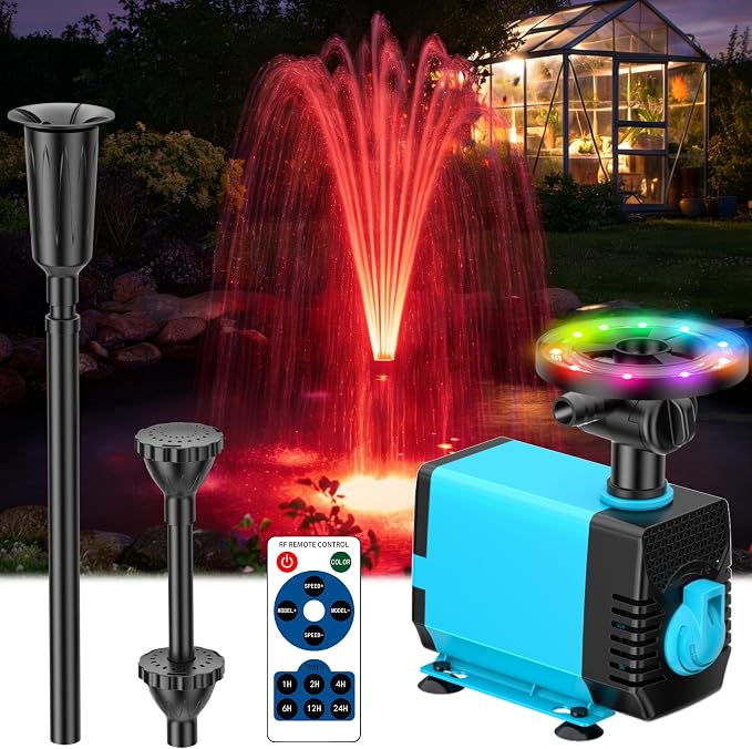 Pond Pump with LED Lights, 660GPH Submersible Pump RGB Pond Filter System with Adjustable Height & Water Flow for Garden Pond Fish Tank Day & Night Pond Decoration -P1104D