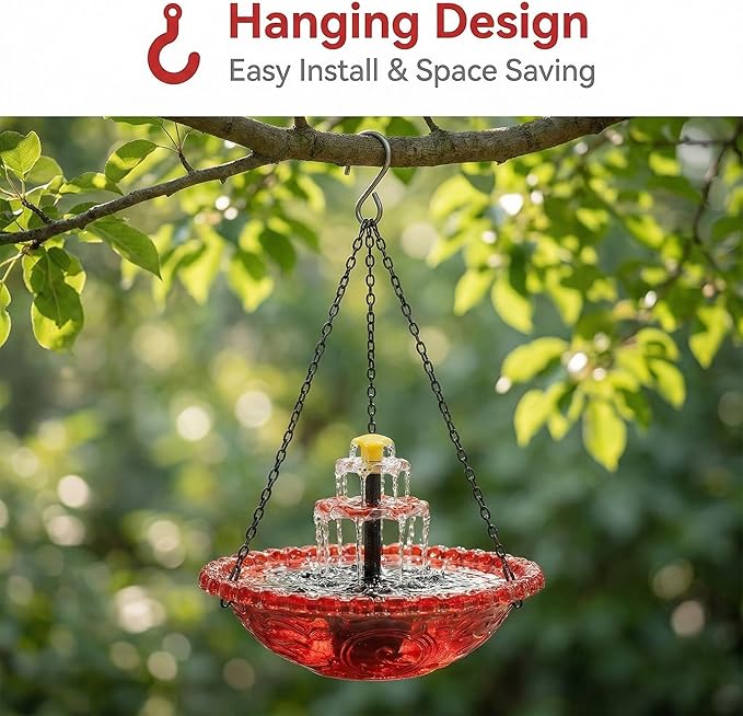 Solar Cascade Hanging Bird Bath Fountain, 2026 New Hanging Bird Bath with Flowing Water for Outdoors Garden Patio Backyard Lawn Decor (Red)