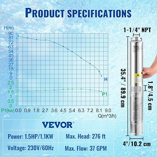 VEVOR Deep Well Submersible Pump, 1.5HP/1100W 230V/60Hz, 37GPM 276 ft Head, with 33 ft Electric Cord, 4 inch Stainless Steel Water Pumps for Industrial, Irrigation and Home Use, IP68 Waterproof Grade