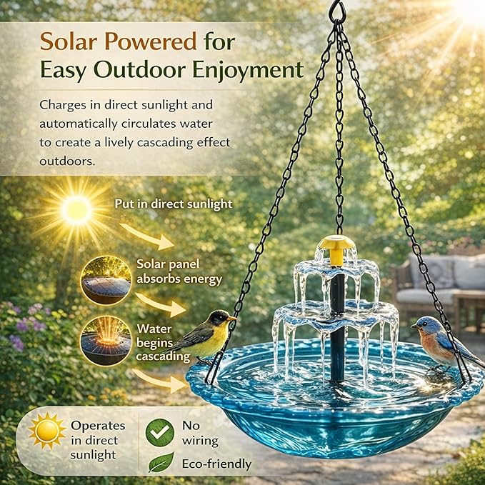 Solar Powered Hanging Bird Bath, Vibrant Blue Multi-Tier Waterfall Fountain for Outside, Easy to Hang Bird Oasis for Garden Decoration, Balcony, for Bird Lovers (Purple)