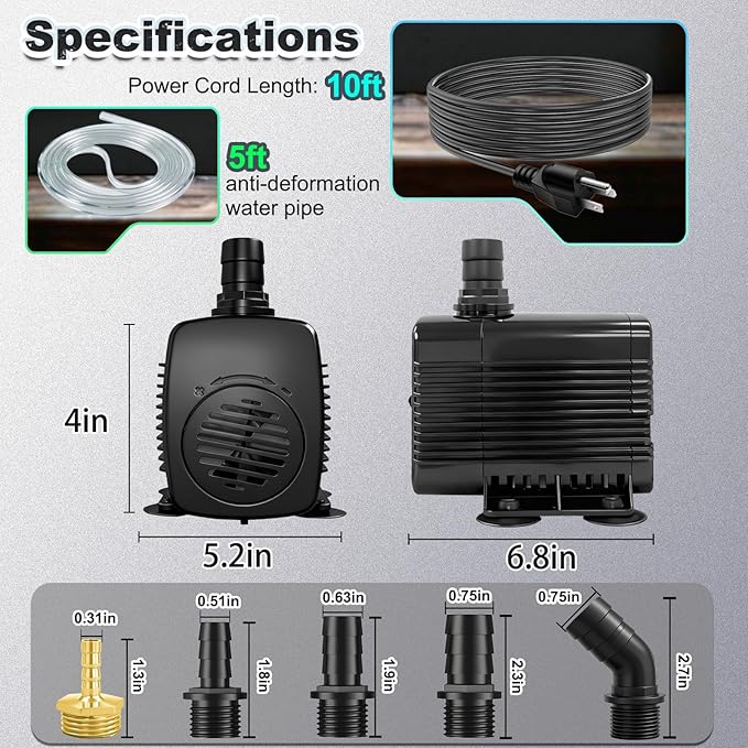 660GPH Submersible Fountain Pump with Tubing 10ft Outdoor Cord for Garden | Overheat Protection, Ground Cord with 3-Prong Plug Safer for Indoor and Outdoor Use