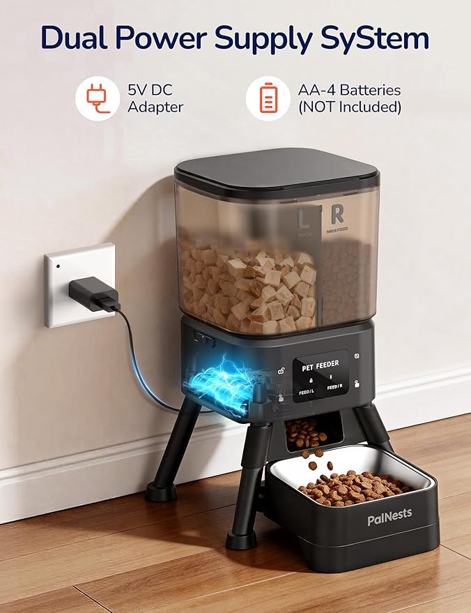 Dual Chamber Automatic Cat Feeder, Smart WiFi Pet Food Dispenser with 2.4&5G WiFi App, Custom Schedule & Portion Control for Dry Food and Treats, 4L, Black