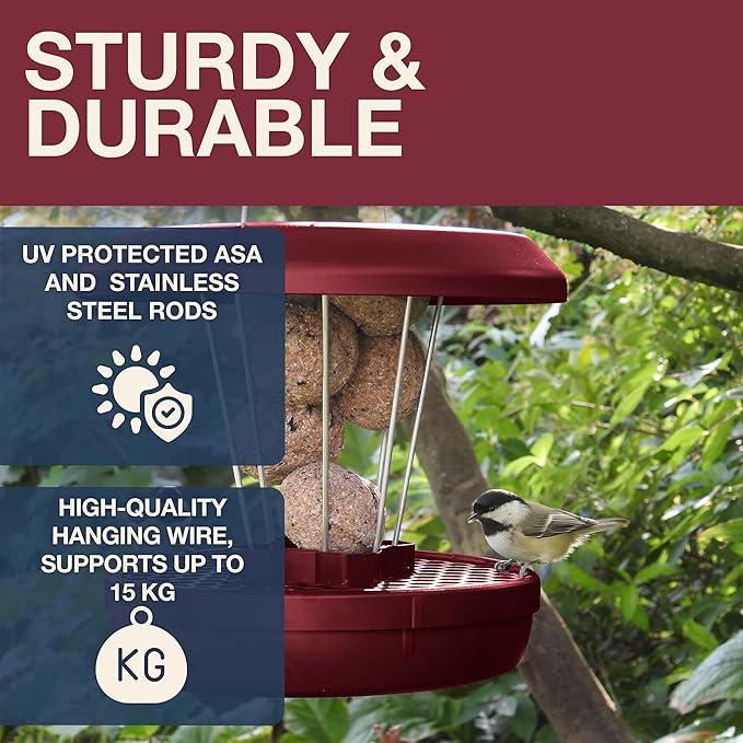 SWISSINNO Bird Feeders - No Mess Fat Ball/Suet Feeder for Outdoors Hanging - Smart Birds Lucerne Spill Proof Wild Cardinal Bird Feeder with Integrated Seed Catcher Tray - Burgundy