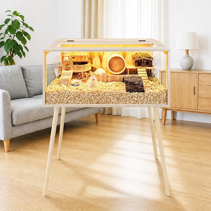 PROLEE Hamster Cage Wooden Chew Proof, Extra Large Mice and Rat Habitat Openable Top with Acrylic Sheets Solid Built Small Animal Cage with Leg Stands, 32 Inch Long