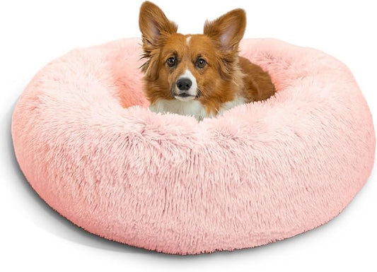 Best Friends by Sheri The Original Calming Donut Dog Bed for Medium Dogs up to 45 lbs, Shag Faux Fur, Cotton Candy Pink, 30" x 30"