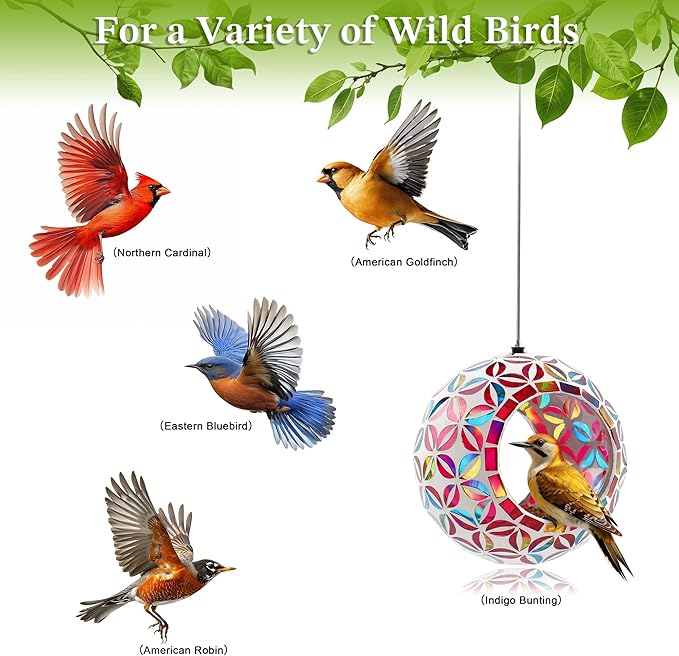VOREEN Mosaic Glass Bird Feeder, Handcrafted Hanging Fly-Through Feeder for Outdoor Garden & Backyard, Decorative Wild Bird Feeder with Steel Wire Cable –Colorful Floral Mosaic Style