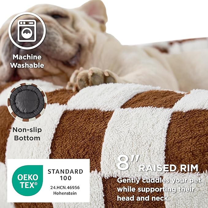 LE SURE Shown on TV Donut Large Dog Bed - Round Cat Beds Indoor Anti-Anxiety Calming Present for Pets, Washable Cute Modern Beds with Jacquard Shaggy Plush & Anti Slip Bottom, 36 Inch, Brown