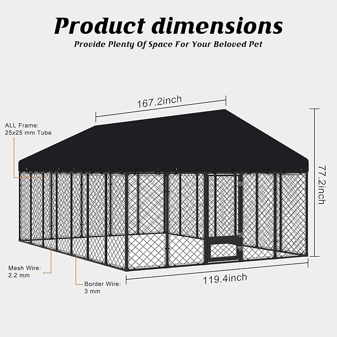 10x14FT Heavy Duty Outdoor Dog Kennel with Roof, Large Metal Dog Enclosure for Big Dogs, Weatherproof Fence Playpen with Double Lock Gate & Feeding Door