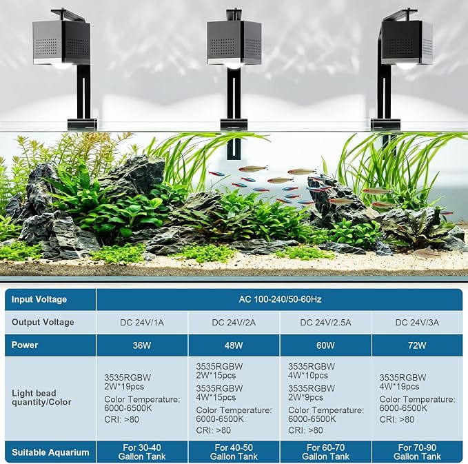 AQQA Clip On LED Aquarium Light with Timer, 24/7 Lighting Cycle Plant Light | 9 Light Colors, Adjustable Timer/Brightness, Adjustable Clamp, Memory Function, IP68 Waterproof, Fits 40–50 Inch Tanks
