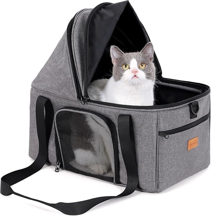 BurgeonNest Top-Expandable Large Cat Carrier, Soft-Sided Cat Bag for Medium & Large Cats Up to 25 lbs, Upgraded Small Dog Car Seat, Pet Travel Bag with Semi-Open Canopy