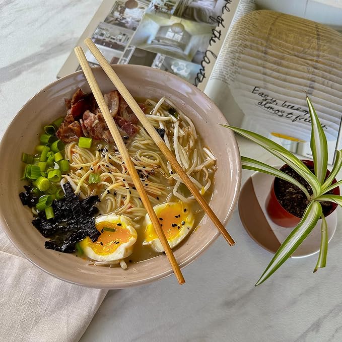 MORA Ceramic Ramen Bowl Set of 2, 45oz - Great for Pho, Miso Udon Soup, Instant Noodles, Serving, Thai or Asian Food - Microwave Safe Large Japanese Noodle Bowls, Modern Kitchen - Assorted Neutrals