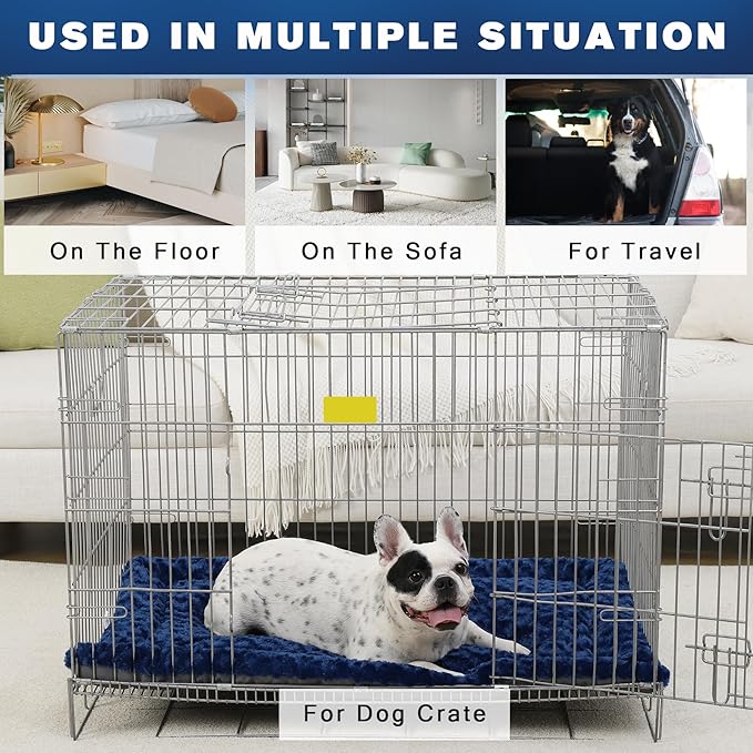 Washable Dog Bed Mat Crate Pad Soft Fluffy Pet Kennel Beds Dog Sleeping Mattress for Large Jumbo Medium Small Dogs, 48 x 30 Inch, Blue