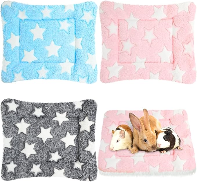 Jetec 3 Pcs Bunny Guinea Pig Beds Soft Bunny Mats Warm Guinea Pig Mat Small Animal Bed Pads Fleece Sleeping Pads for Indoor Rabbit Hamster Squirrel Hedgehog Chinchilla(Fleece,Star,Blue)