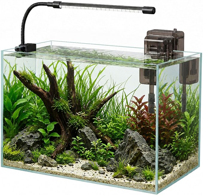 Glass Fish Tank Kit, 5 Gallon Betta Fish Tank Aquarium Starter Kit | Complete Aquarium Kit with Filter, Adjustable LED Light, Heater, Lid, Net, Water Changer for Betta, Goldfish or Shrimp, Clear
