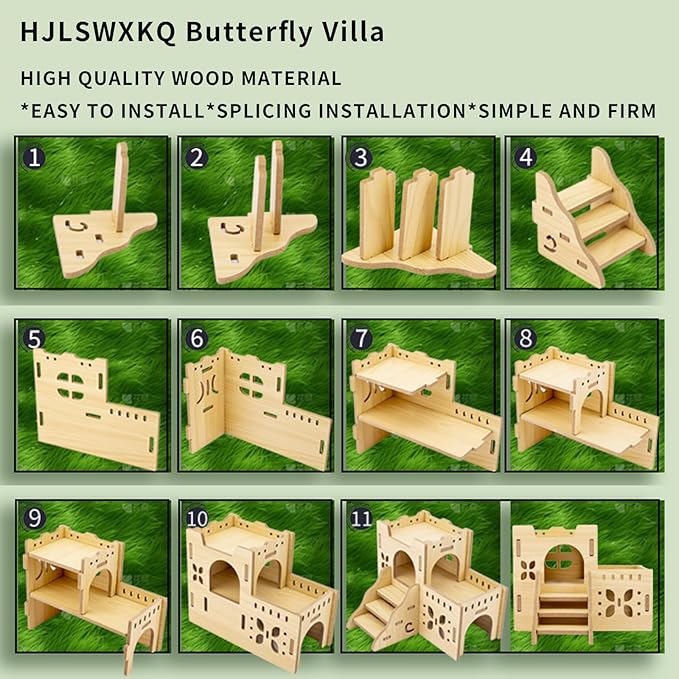 Natural Wood Hamster Habitat Hideout Cage Accessories, Maze Cabin with Fun Slide & Double-Decker House, Exercise Toys for Dwarf Hamsters, Gerbils, Mice, Other Small Animals(Only for Small Hamster A)
