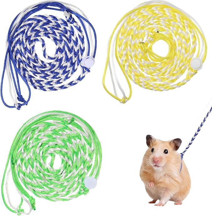 Hamster Leash, 3 Pcs Adjustable Leash Harness for Small Animals, Soft Lightweight Animal Leashes for Rabbits, Ferrets, Guinea Pigs, Chinchillas, Rats(Yellow, Blue, Green)