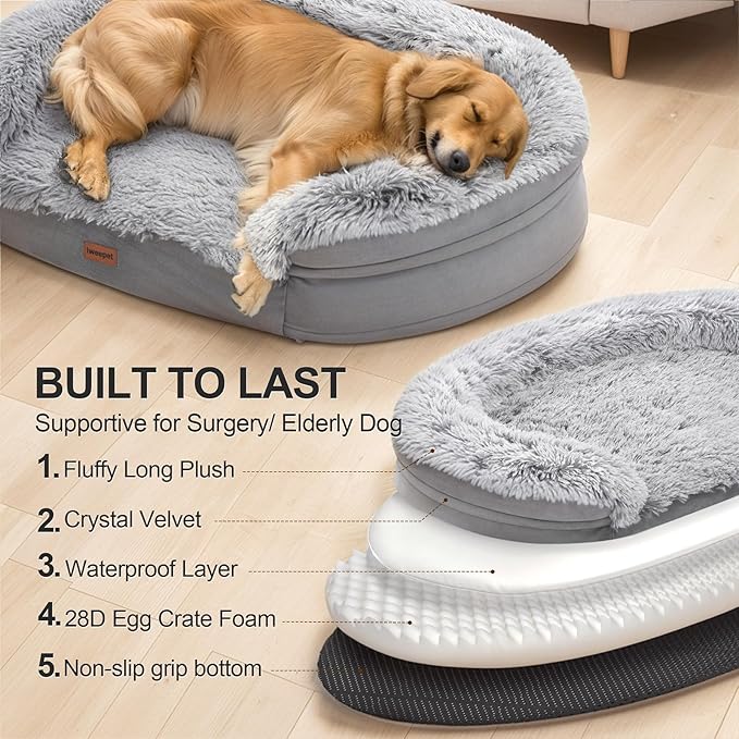 iweepet 3.7 inch Thickened Orthopedic Dog Beds for Large Dogs, Fluffy Supportive Dog Sofa Bed with 28D Egg-Crate Foam, Removable Washable Plush Cover, Waterproof Lining, Cozy Oval Design, Grey