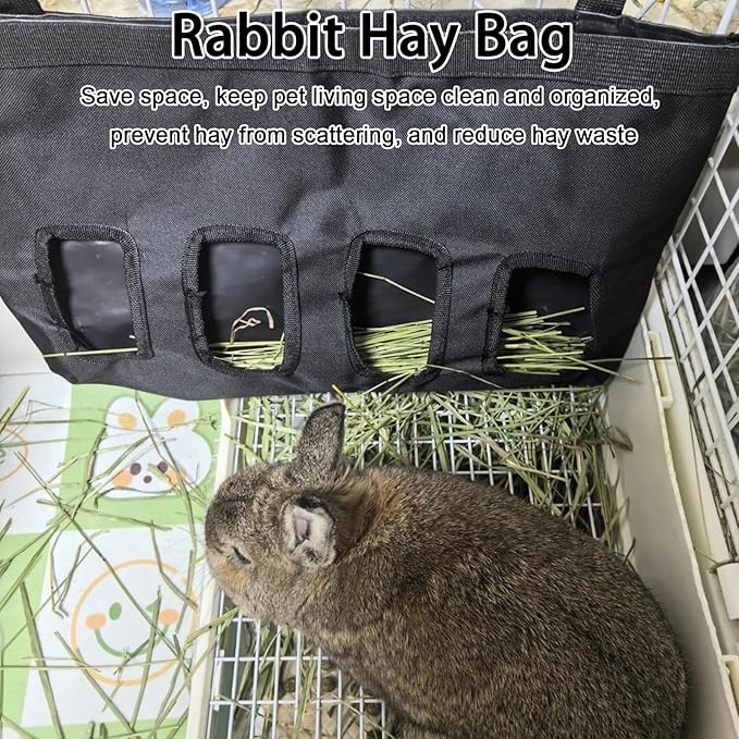 Rabbit Hanging Hay Feeder Bag Large Capacity Small Animal Hay Dispenser 600D Oxford Cloth Rabbit Hay Storage Bag for Bunnies Guinea Pigs Chinchillas (Black)