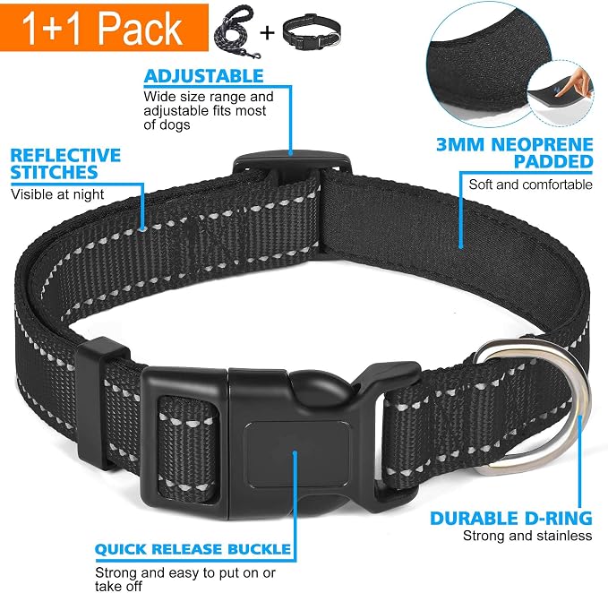 Ladoogo Reflective Dog Collar Padded with Soft Neoprene Breathable Adjustable Nylon Dog Collars for Small Medium Large Dogs (Small (Pack of 1), Black Collar+Leash)