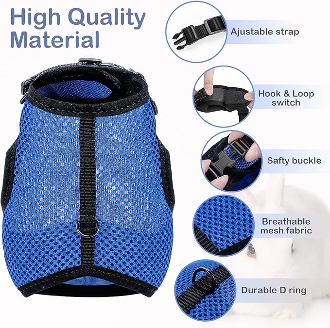 PETTOM Bunny Rabbit Harness with Stretchy Leash Cute Adjustable Buckle Breathable Mesh Vest for Kitten Small Pets Walking (Blue,XL)