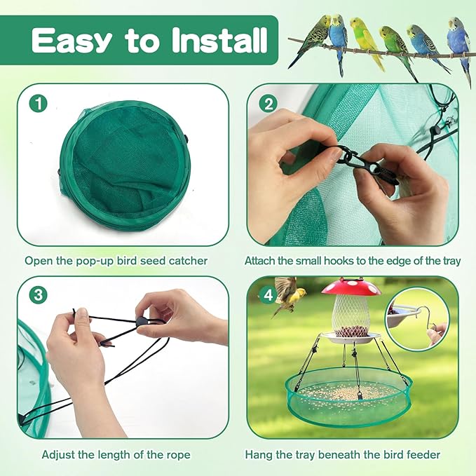 3PCS Bird Seed Catcher Tray 24 Inch Bird Seed Catcher Hanging Hoop Platform for Bird Feeders Includes S-Hooks, Adjustable Ropes & Portable Storage Pouch