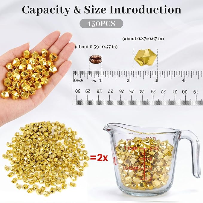 DOMESTAR 150 PCS Gold Acrylic Ice Rocks, Faux Nuggets Gems Vase Fillers | Pot of Gold, Pirate Jewelry Party Decorations, Birthday DIY Crafts & Table Scatter
