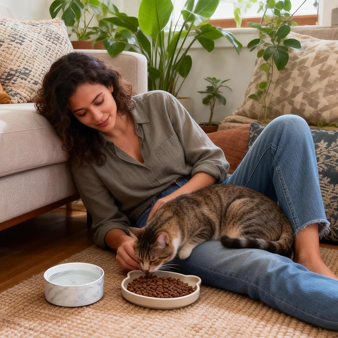 Cat Food and Water Bowl Set, Heavy Weighted Ceramic, No Tip Over, Shallow Wide Whisker Fatigue Silicone Dish, Pet Comfort Feeder for Small Dog, Untippable, Dishwasher Safe, 6 inch