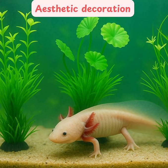 Axolotl Hides for Aquarium with Feeding Dish and Fake Plants Set, Axolotl Cave with Green Plants, Aquarium Decor, Fish Tank Decorations, Turtle Tank Accessories (Cave+Plant+Feeding Dish, L)
