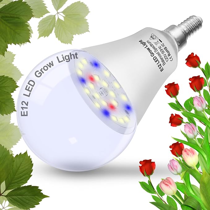 Full Spectrum LED Indoor Plant Grow Light Bulbs E12 Candelabra Base | LED Sun Light Bulbs Plant Growing 100W Equivalent with Balanced Spectrum 5000K Red Blue for Seeds Greens Flower,1Pcs
