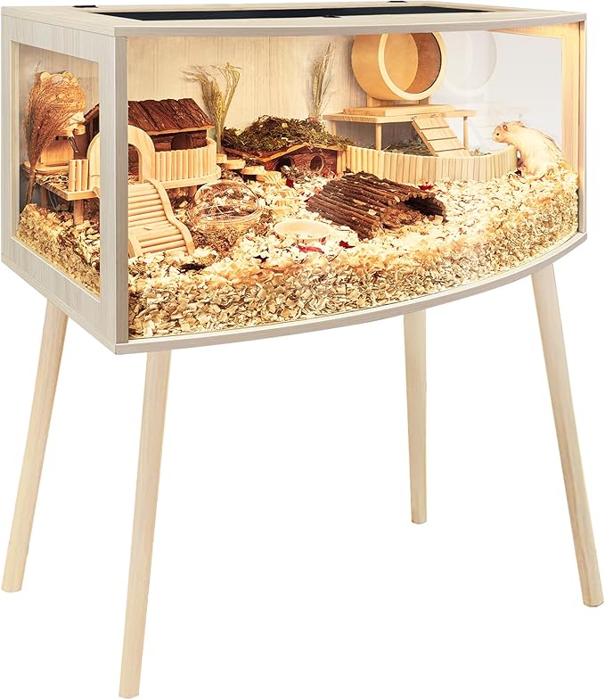 Prolee Hamster Cage with Curved Design,Chew Proof Wooden Hamsters Enclosure with Leg Stand and Openable Top or Gerbils,Hamster Habitat (32"x16"x16")