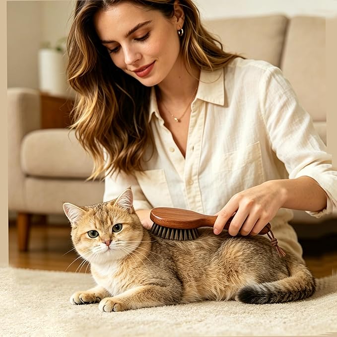 Boar Bristle Cat Hair Brush,Gentle Grooming Brush for Short Haired Cats, Kittens, Small Dogs, Rabbit, Furry Pets Soft Natural Bristles Pet Brush with Wooden Handle for Sensitive Skin