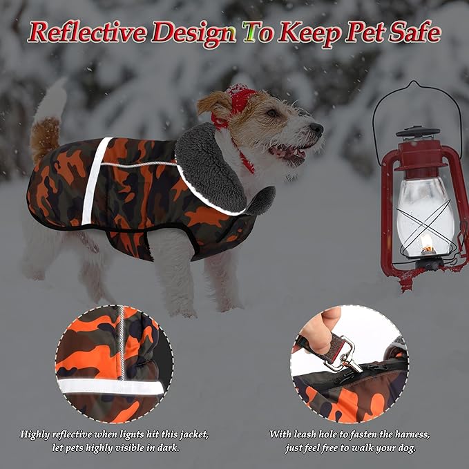 Dogcheer Warm Dog Coat, Waterproof Dog Jacket Christmas Puppy Winter Coat with Buckle, Reflective Adjustable Pet Snow Jacket Turtleneck Fleece Sweater for Small Medium Large Dogs - Orange Camo, L