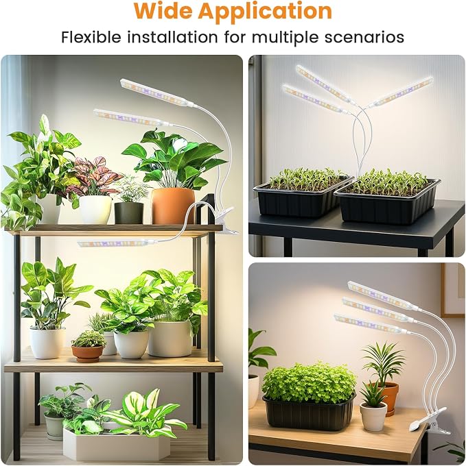 Kullsinss Clip-on Plant Lights for Indoor Growing, 171 LEDs 24W Grow Light | White 3-Gooseneck Plant Lamp for Seedlings, Full Spectrum Grow Lamp with Red Blue Yellow White LEDs, Timer & Dimmable