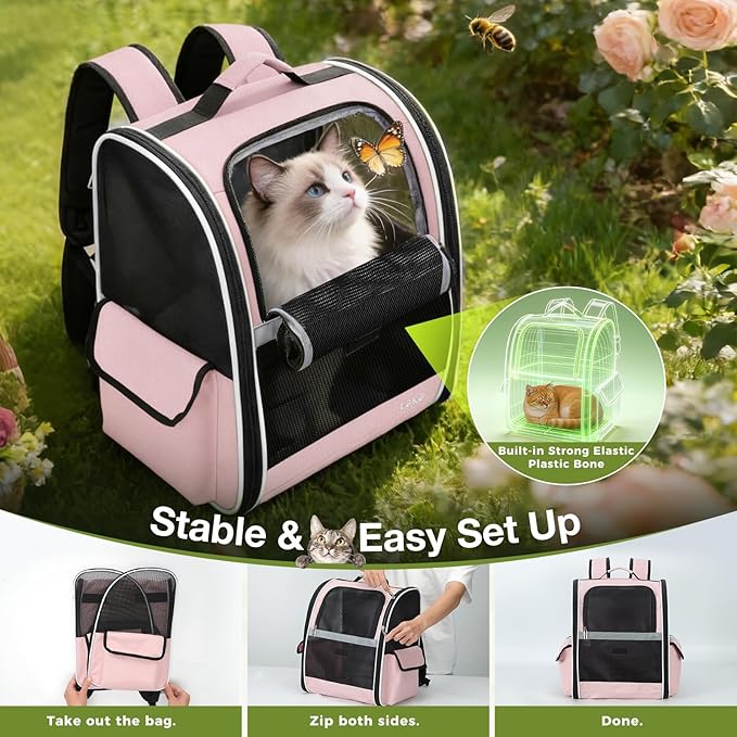 Lekereise Cat Backpack Carriers, Dog Carrier Backpacks with Breathable Mesh for Small Medium Cats Dogs Puppy Up to 17 Lbs, Pet Foldable Carrying Backpack Ventilated for Travel Hiking Collapsible