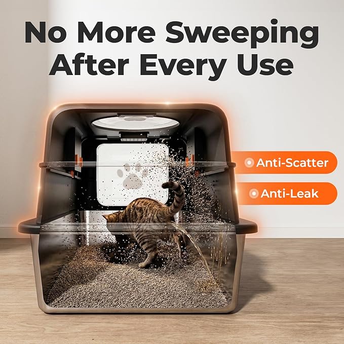24″Lx16″Wx15″H Non-Stick Stainless Steel Litter Box with Lid, No-Mess Odor Control Anti-Leak Cat Litter Box, 3-in-1 Fully Enclosed High-Sided Litterbox with Flip Top (Black)