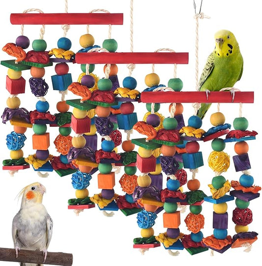 DBNESS Bird Toys, 3PCS Parrot Foraging Hanging Toy, Multicolored Natural Wooden Blocks Parakeet Chewing Toys mit Rattan Wicker Balls, for Medium Small Cockatoos Budgie Lovebird Cockatiel Conure