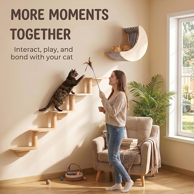 Cat Shelf for Wall Mount Hammock with 5-Levels Climbing Ladder Moon Cat Shelves and Perches for Activity Indoor Cats Wall Furniture(5-Levels Steps)