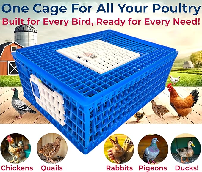 Poultry Carrier Crate 3 Doors with a Mess-Free Protective Pad, Durable Poultry Transport Cage for Chickens, Quail, Birds, Rabbits, Ducks