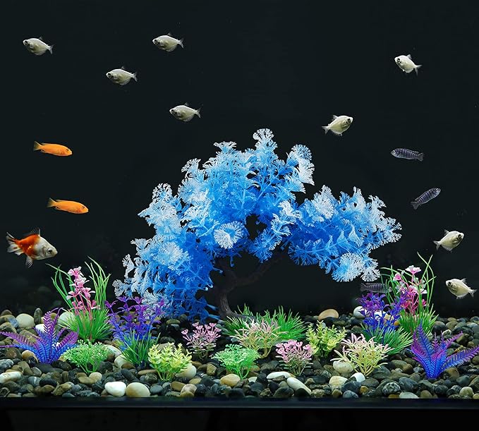 MyLifeUNIT Fish Tank Decorations, 15 Pack Artificial Aquarium Plants Tree Set for Fish Tank Decor (Bule Set)