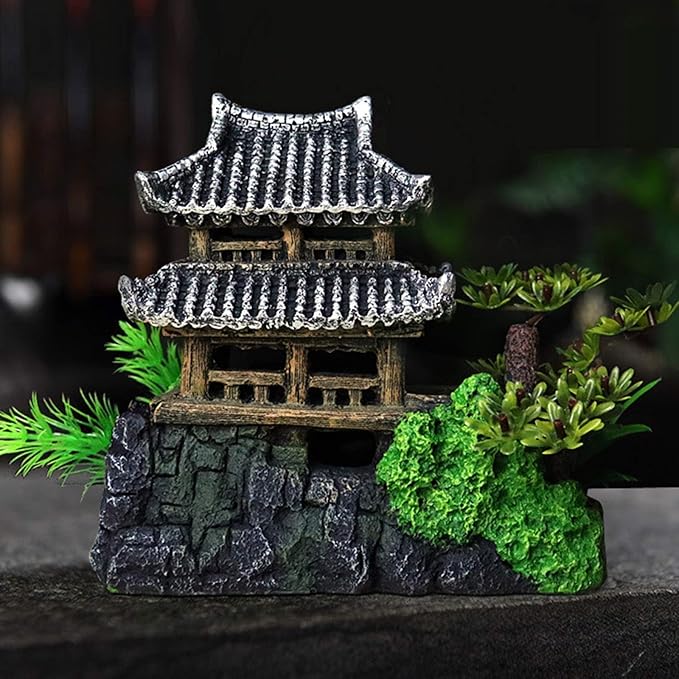 Classical Temple Aquarium Decorations Asian Castle Thematic Safe Resin Ornaments with Plastic Plants Small Fish House Hideout Decor Hiding Places for Freshwater and Saltwater Fish Tank Accessories