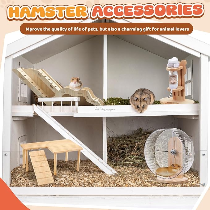 6 Pcs Hamster Toys Set, Maze Wood House, Climbing Ladder Wooden Bridge Tunnel Toy Platform Silent Exercise Running Wheels and Water Bottle Set for Rat Guinea Pig Habitat Cage (Standard)