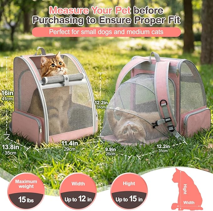 Cat Backpack Carrier Expandable for Travel: Foldable Pet Backpack with Breathable Mesh for Medium Small Dog Cat Puppy Kitten up to 15 Lbs, Cat Carrier Soft Backpack for Hiking Camping Outdoor(Pink)