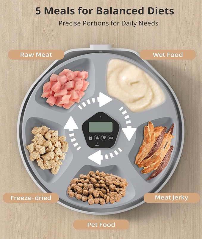 Automatic Wet Food Cat Feeder, Auto Timed Wet Cat Food Dispenser, 5 Meal Timed Programmable Pet Feeder with 2 Ice Packs for Kitten and Small Dog Food Dispenser, Dual Power & Easy to Clean