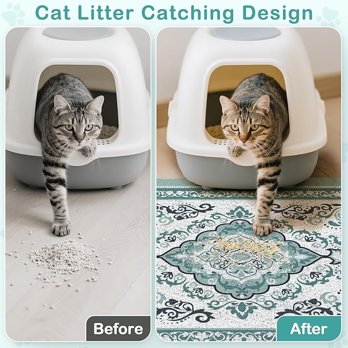 Unicorn Catcher Cat Litter Mat 40" x 30" Non-Slip Litter Box Mat Washable Litter Catcher Mat for Litter Box Indoor Food Mat Supplies Essentials, Dark Cyan