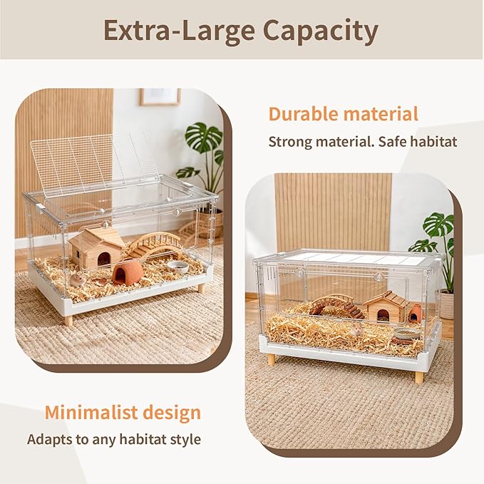 Larger Acrylic Transparent Hamster Cage - Small Animal Cage for Guinea Pig, Hedgehog,Dwarf Hamster, Rat,Mouse,Ferret, Sugar Glider and Bird,DIY Extendable & Stackable（27.5" Lx16.9 Wx15.4 H）